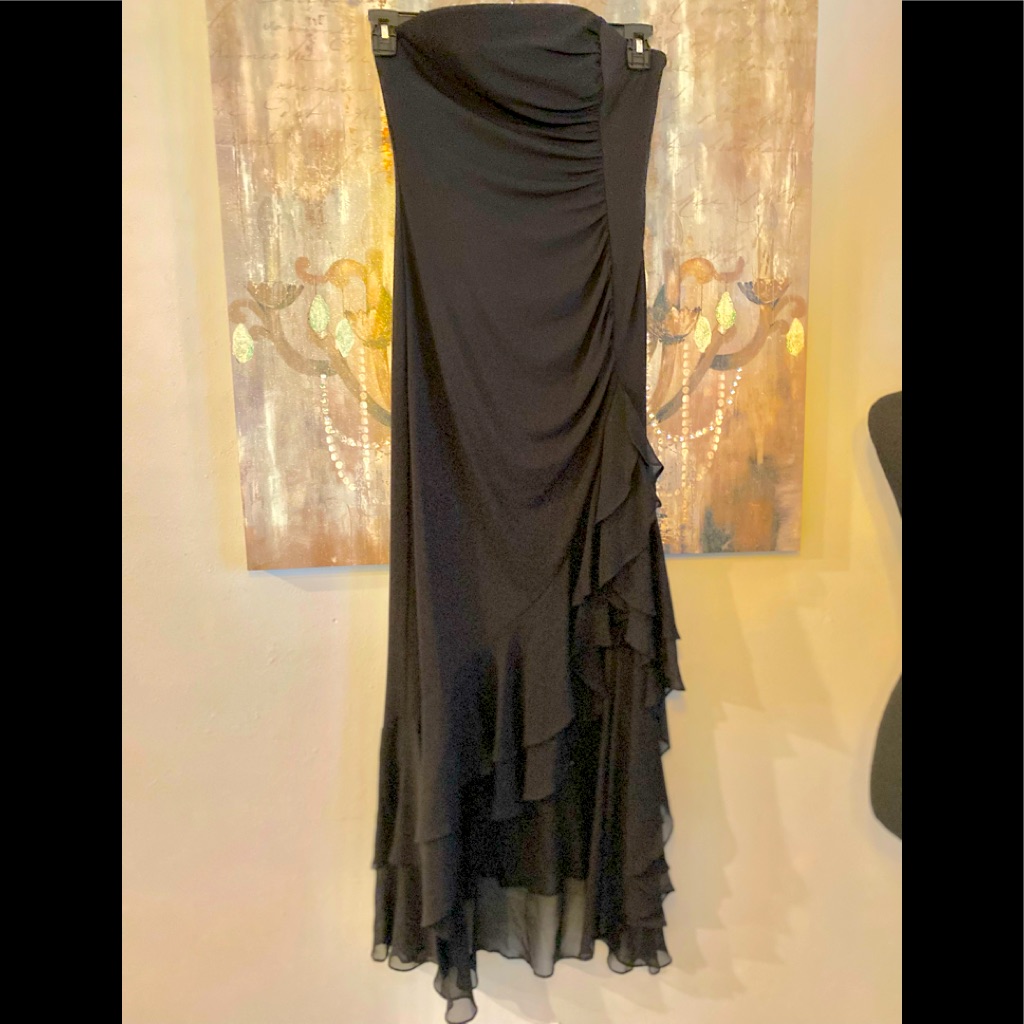 Nwt Bcbgmaxazria Black Strapless Formal Ruched With Cascading Ruffles Down Side